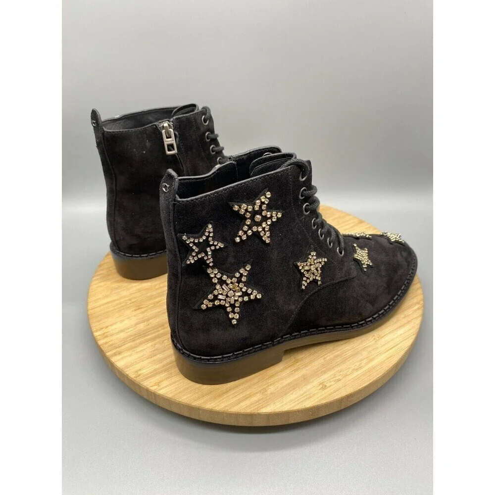 Coach Watts Star Boots Black Sued Side Zip Western Rhinestones G2313 Womens 7 B